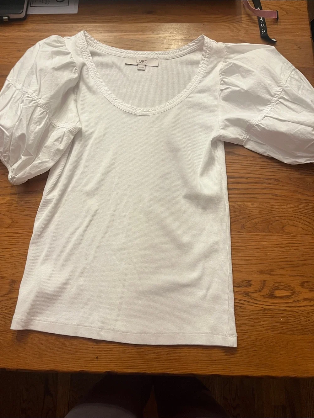 LOFT White Puff-Sleeve Cotton Tee